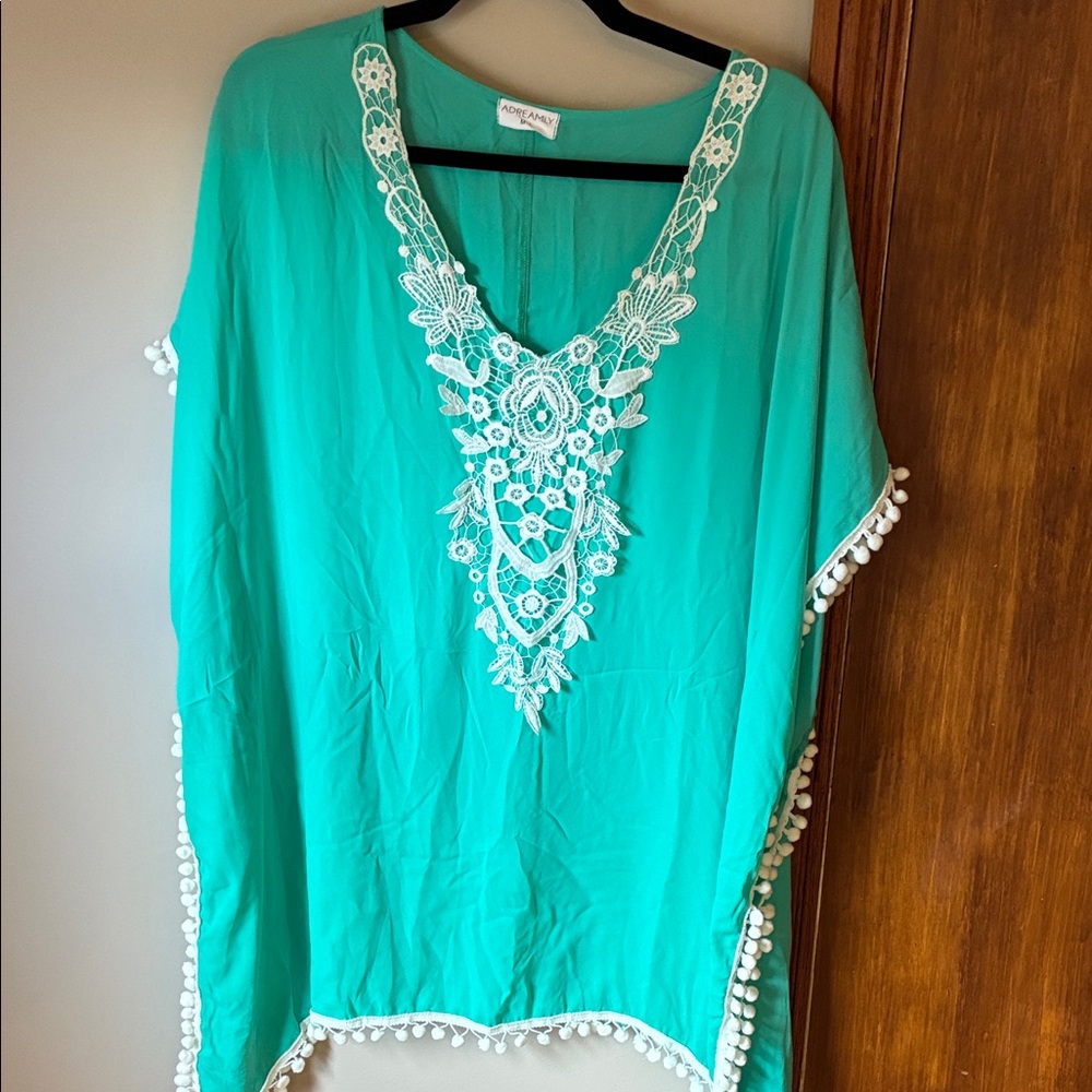 Elegant Teal Lace Trim Swim Coverup
